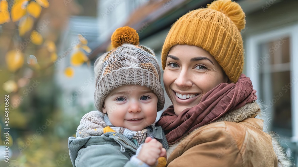 Obraz premium LGBTQ+ parents holding their child, smiling proudly in front of their cozy home, symbolizing love and family,