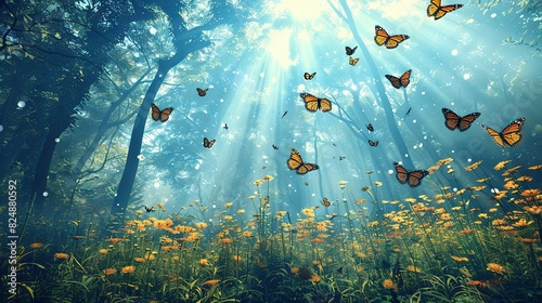   A forest brimming with many yellow flowers and numerous butterflies fluttering high above the green blades of grass and towering trees