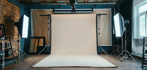 Creative photography studio adorned with a backdrop screen mockup  ideal for diverse artistic projects.