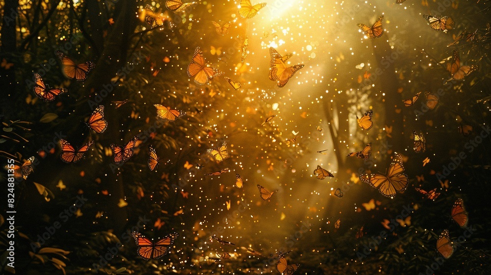   Butterflies flit through the air above the leafy forest, illuminated by dappled sunlight