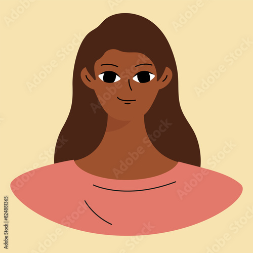 Face of a young black girl. African american brunette. Character design in flat style isolated on white backround.