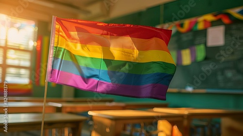 Pride flag in a classroom, representing inclusivity and diversity, educational setting