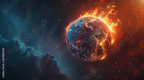 Earth erupts in flames  climate change ignites a global inferno. Space view. Ai Generated 
