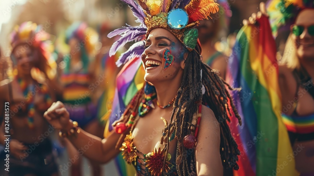 Pride parade participants in elaborate costumes, marching proudly down a city street, rainbow flags and festive atmosphere, plenty of copy space. Pride parade participants in elaborate costumes, marching proudly down a city street, rainbow flags and festive atmosphere, plenty of copy space.