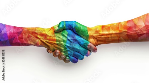 Pride icon handshake, with rainbow-colored hands, symbolizing support and unity, isolated on a white background