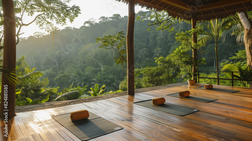 A wooden yoga terrace in a modern building overlooking the jungle. a place for yoga in nature. Yoga mats on the terrace overlooking the tropical jungle. © MariКа