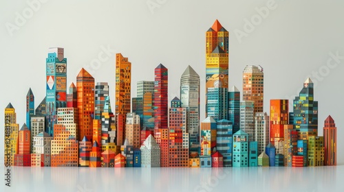 A colorful array of paper skyscrapers in various shapes and sizes, forming a vibrant and artistic cityscape against a plain background.