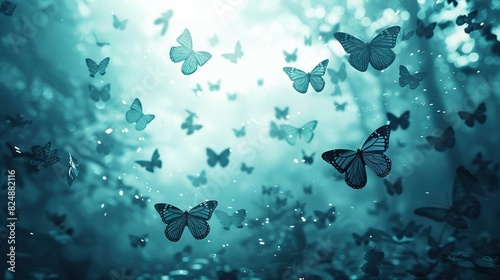   Butterflies flying in green forest sky photo