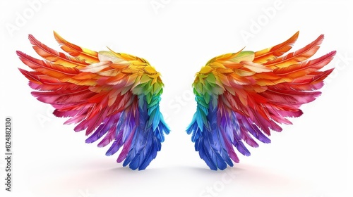Rainbow-colored pride icon wings, symbolizing freedom and pride, isolated on a clean white background with ample copy space. © nutcha