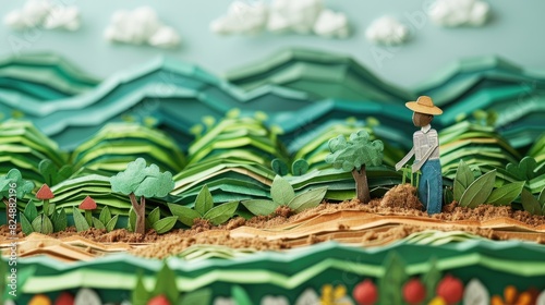 Detailed paper model of a farmer working in a field with green hills and clouds in the background, depicting a serene and productive agricultural scene. photo