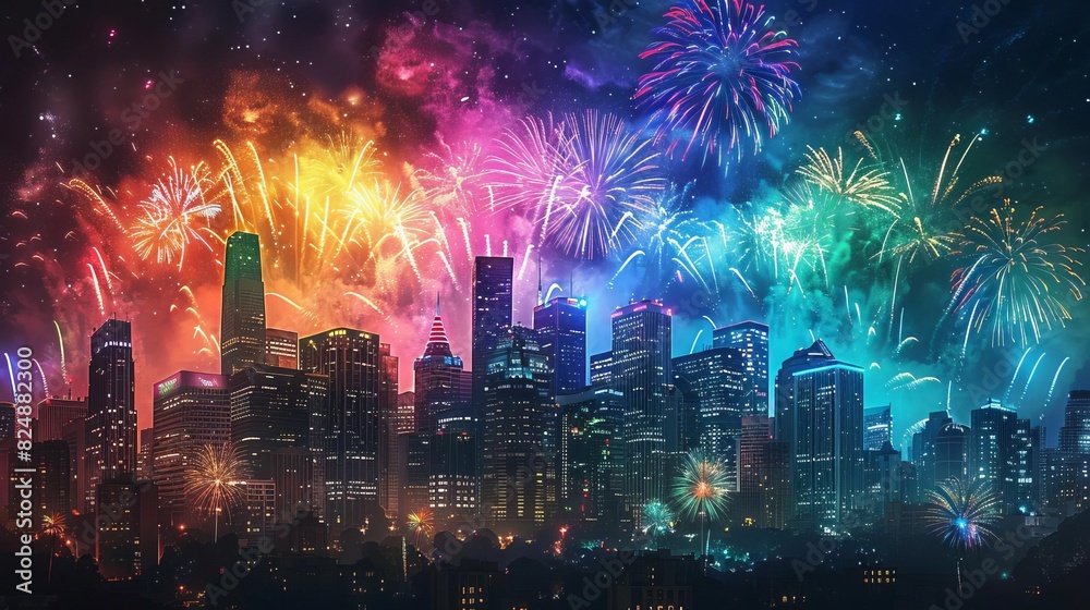 Spectacular fireworks at the end of a pride parade, lighting up the night sky with rainbow colors, celebrating love and acceptance, city skyline and ample copy space Spectacular fireworks at the end of a pride parade, lighting up the night sky with rainbow colors, celebrating love and acceptance, city skyline and ample copy space