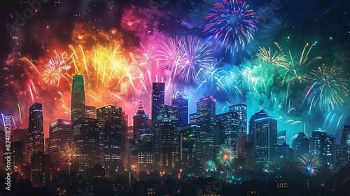 Spectacular fireworks at the end of a pride parade, lighting up the night sky with rainbow colors, celebrating love and acceptance, city skyline and ample copy space © nutcha