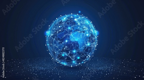Abstract blue sphere with connecting dots and lines. Wireframe technology sphere. Big data visualization. Vector illustration.