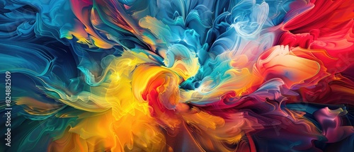 A mesmerizing blend of vibrant colors swirling together in an abstract dance. Sharp contrasts between deep blues, bright yellows, and rich reds. The image captures the essence of fluid movement  photo