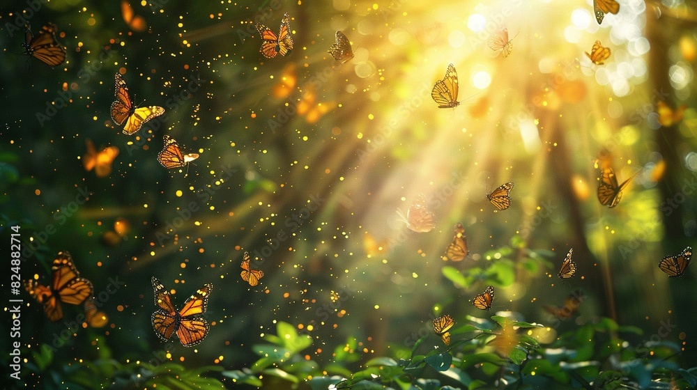   Butterflies soaring above a verdant forest, bathed in golden sunlight filtering through leafy canopy