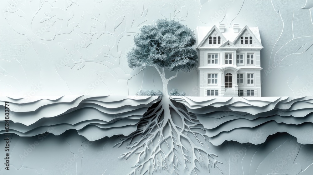 Detailed paper cutout of a house and tree with visible roots extending ...