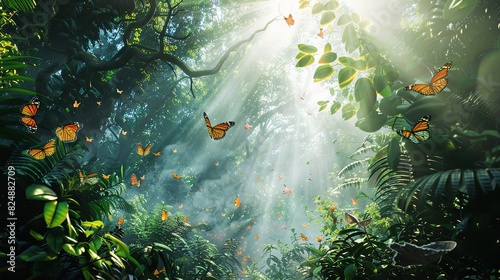   A group of butterflies flies in the air above a lush forest  illuminated by a radiant beam of sunlight filtering through the treetops