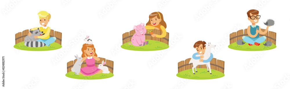Happy Children and Cute Animals In Petting Zoo Vector Set Happy Children and Cute Animals In Petting Zoo Vector Set