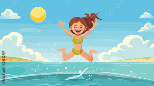 Jumping girl in swimsuit. Active kid. Happy summer Ca