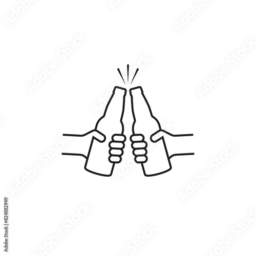 Hands holding beer bottles. Clink, cheers and toasting. Outline vector illustration white background. Two bottles of beer are held in hands. 