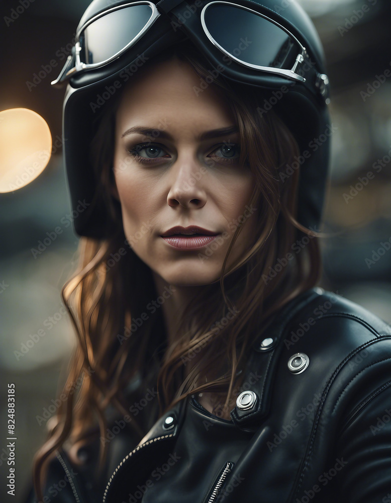 portrait of an American woman in a biker outfit
portrait of an American woman in a biker outfit