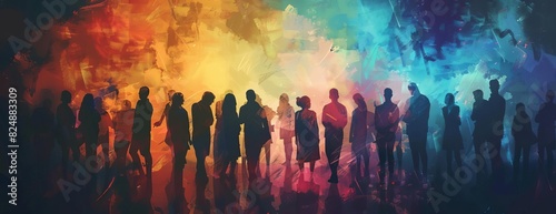 A group of diverse people stand together in front of a colorful abstract background photo