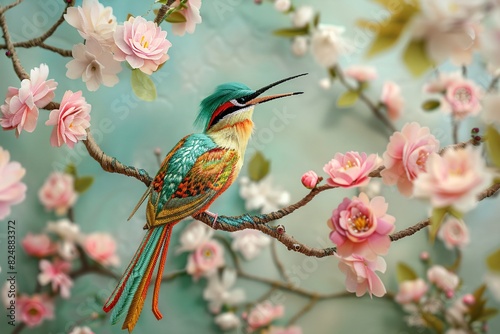 a bird sitting on a branch with flowers