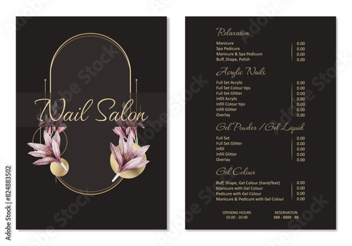 Vector Illustration sticker business card for nail salon decorated with botanical art texture with pricelist and special offer. A4 printable template