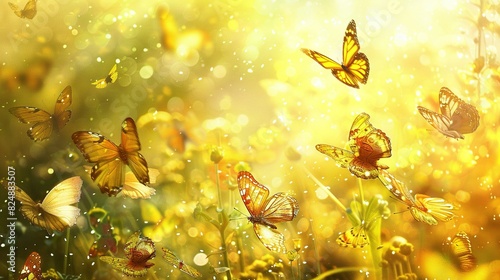   A swarm of golden butterflies flutters above a sea of sunny blossoms  adorned with dewed petals and lush green blades beneath