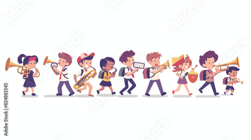 Kid band parade. Children musicians marching 