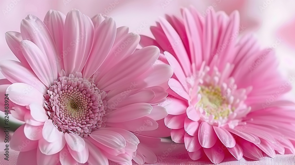   A pair of pink flowers resting on a pink tablecloth on top of another pink tablecloth on a table