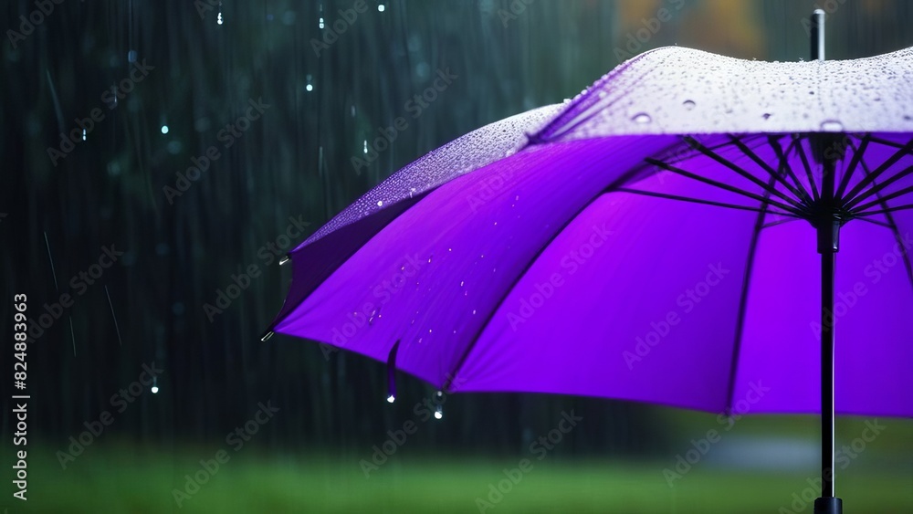 Purple umbrella covered with drops against the background of rain