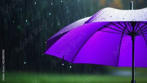 Purple umbrella covered with drops against the background of rain