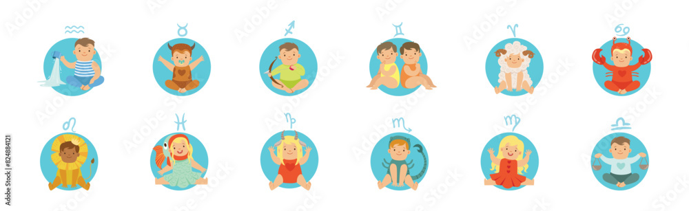 Zodiac Icon and Horoscope Signs with Baby Character Vector Set Zodiac Icon and Horoscope Signs with Baby Character Vector Set