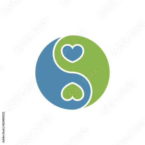 Yin Yang symbol with two hearts inside. Blue and green colors. Vector illustration on a white background.