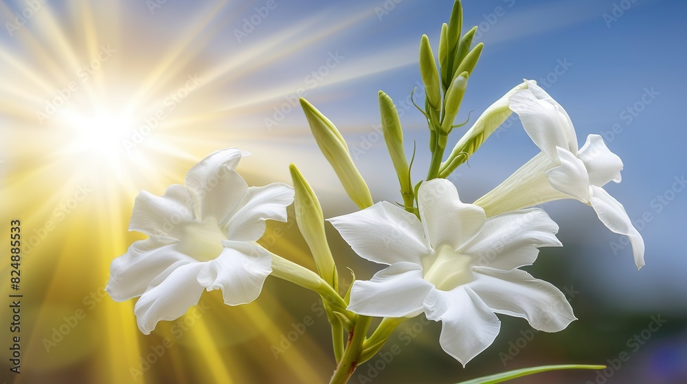 A white flower in sunlight against a blue sky A white flower in sunlight against a blue sky