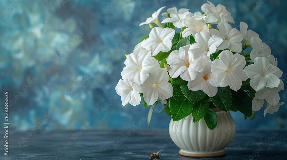 White vase with white flowers on blue-green tablecloth wall behind White vase with white flowers on blue-green tablecloth wall behind