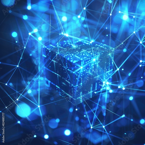 Abstract blue cube with connecting dots and lines. Big data visualization. Blockchain technology concept. Wireframe network connection structure. 3d rendering.