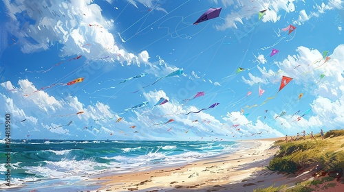Nature Illustration, Windy Day Kite Flying on the Beach: A fun illustration of people flying kites on a windy beach, with colorful kites soaring high and waves crashing in the background. photo