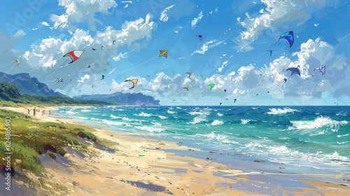 Nature Illustration, Windy Day Kite Flying on the Beach: A fun illustration of people flying kites on a windy beach, with colorful kites soaring high and waves crashing in the background.
