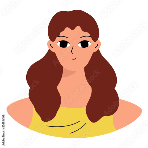 Positive emotions concept. Cartoon cute girlish face. Woman with happy smile. Isolated vector character.