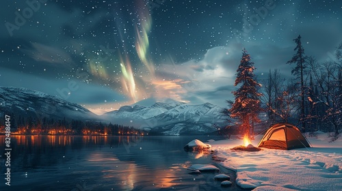 Nature Illustration, Winter Camping Under the Northern Lights: A cozy winter camping scene with a tent pitched in the snow, a campfire glowing, and the Northern Lights dancing in the sky above. photo