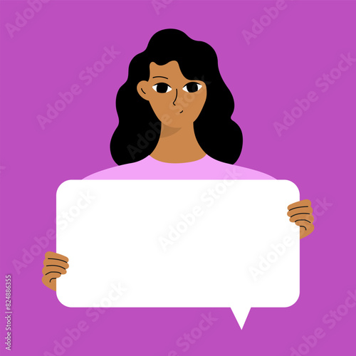 Pretty brunette swowing empty presentation. Young black woman holding blank placard, poster, paper. Simple flat style.