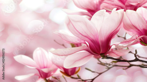  A close-up of pink flowers on a branch with soft bokeh in the foreground and a slightly blurred bokeh in the background