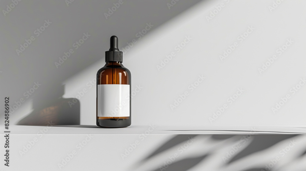 amber glass skin care product mockup with white label on blank bottle