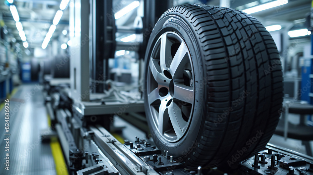 A detailed close-up of a tire being balanced on a high-tech wheel balancing machine. The image highlights the precision and technology involved in providing top-notch tire services, ensuring optimal A detailed close-up of a tire being balanced on a high-tech wheel balancing machine. The image highlights the precision and technology involved in providing top-notch tire services, ensuring optimal