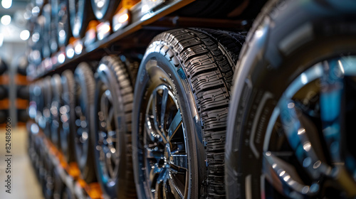 A row of new tires neatly displayed on racks in a tire shop. The image conveys a wide selection of tire options available for different vehicles, highlighting the variety and quality of products