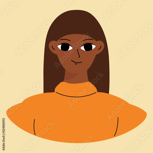 Face of a young black girl. African american brunette. Character design in flat style isolated on white backround.