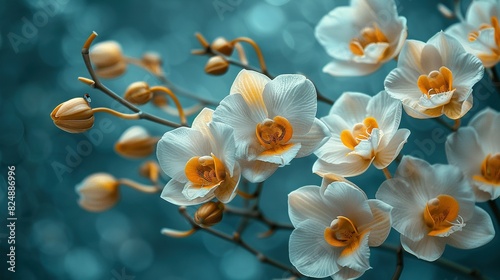   A close-up of several flowers on a branch  with a blurry blue and yellow background