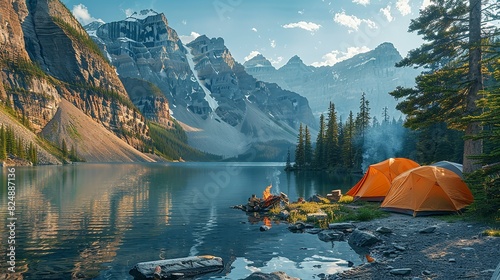 Nature Illustration, Camping by a Mountain Lake in Summer: A peaceful summer camping scene by a mountain lake, with tents, a campfire, and reflections of the mountains in the water. Illustration